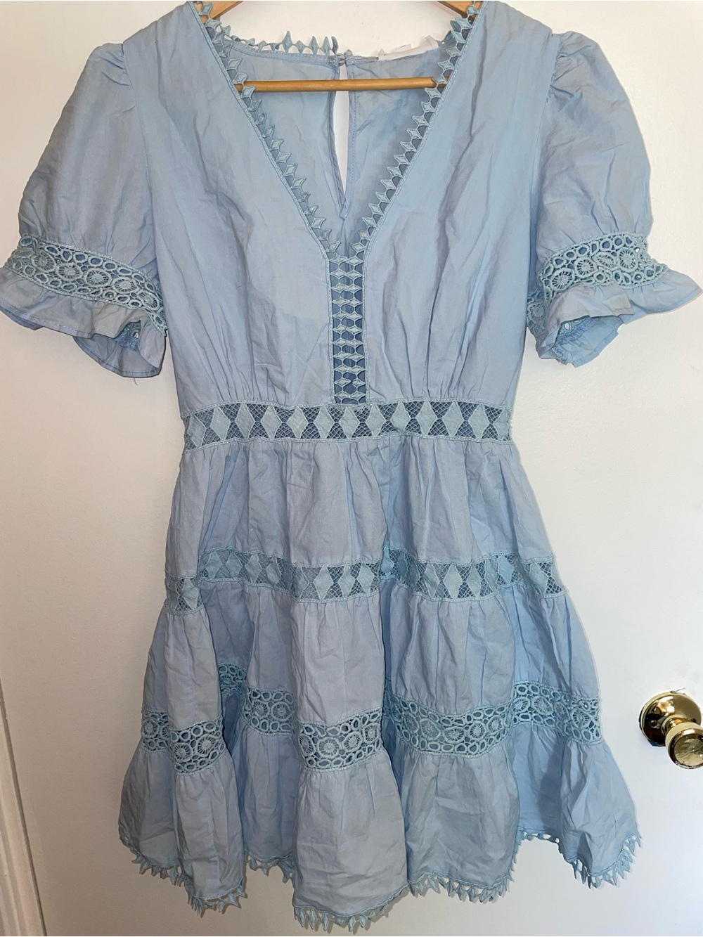 Light Blue Lace Trim Tiered Mini Dress